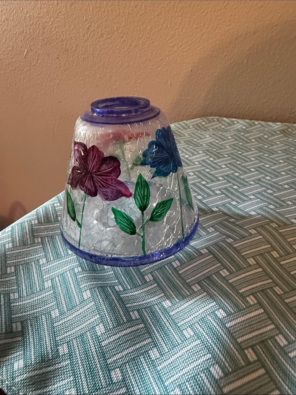 YANKEE CANDLE CRACKLE GLASS SHADE Small Jar Candle Topper Purple Floral Design